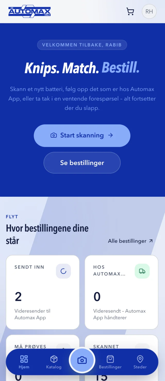 Automax Batteriapp home screen: scan, match, order, with order status cards