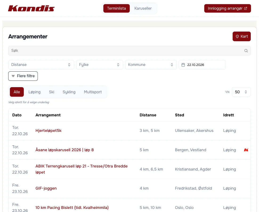 Kondis Terminlista event list with filters and upcoming races across Norway