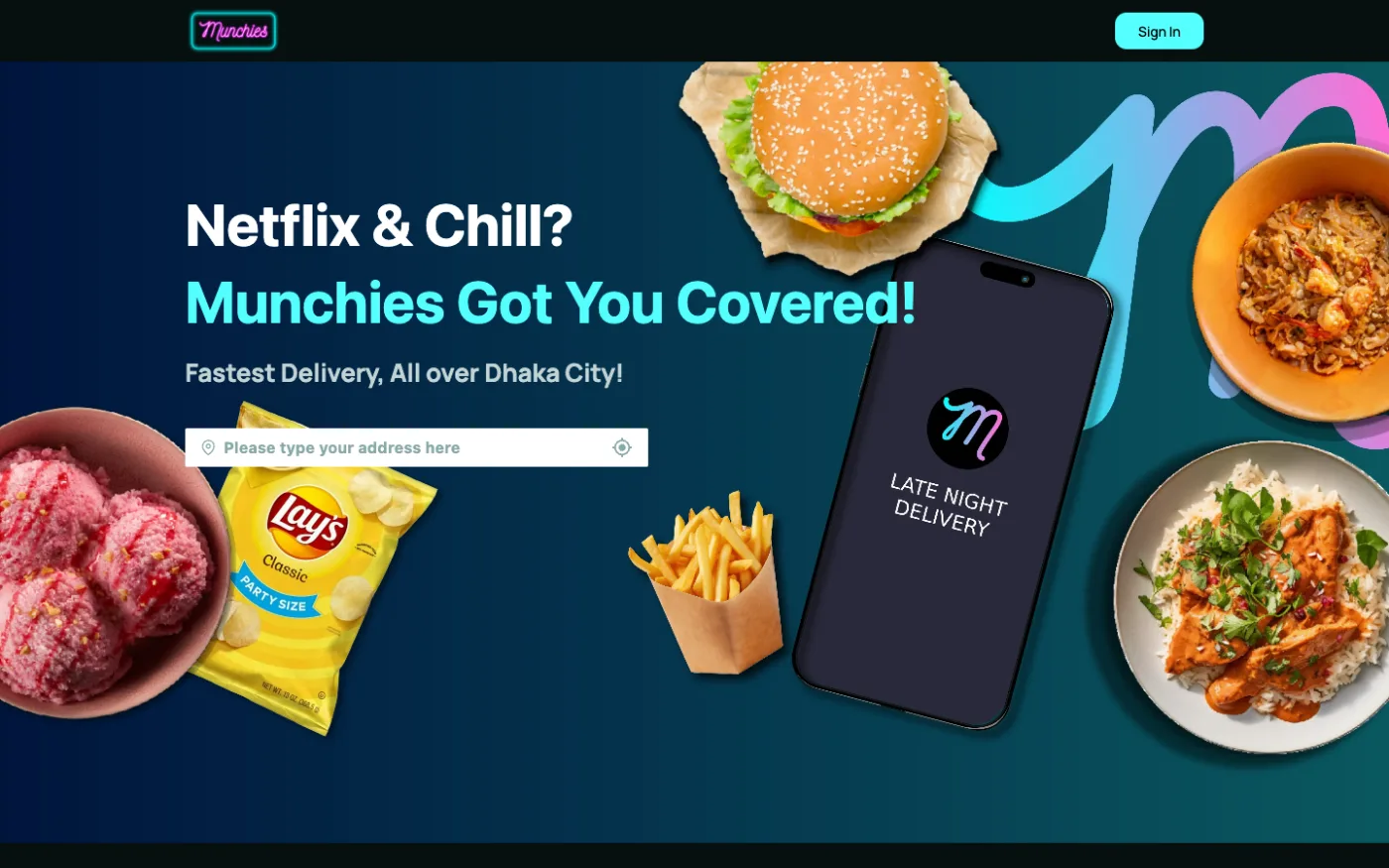 Munchies homepage promoting late-night delivery across Dhaka