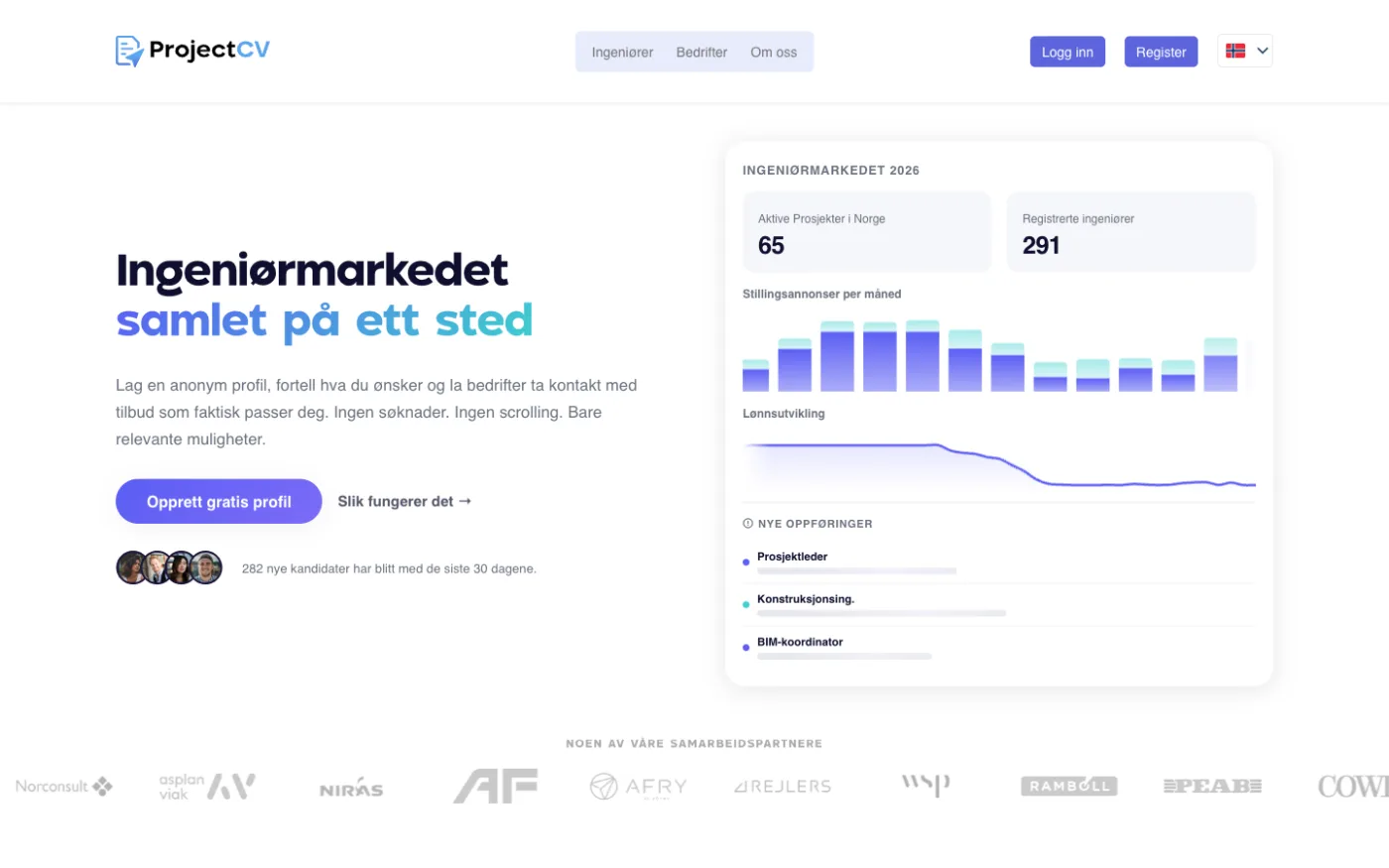 ProjectCV homepage with live engineering market statistics
