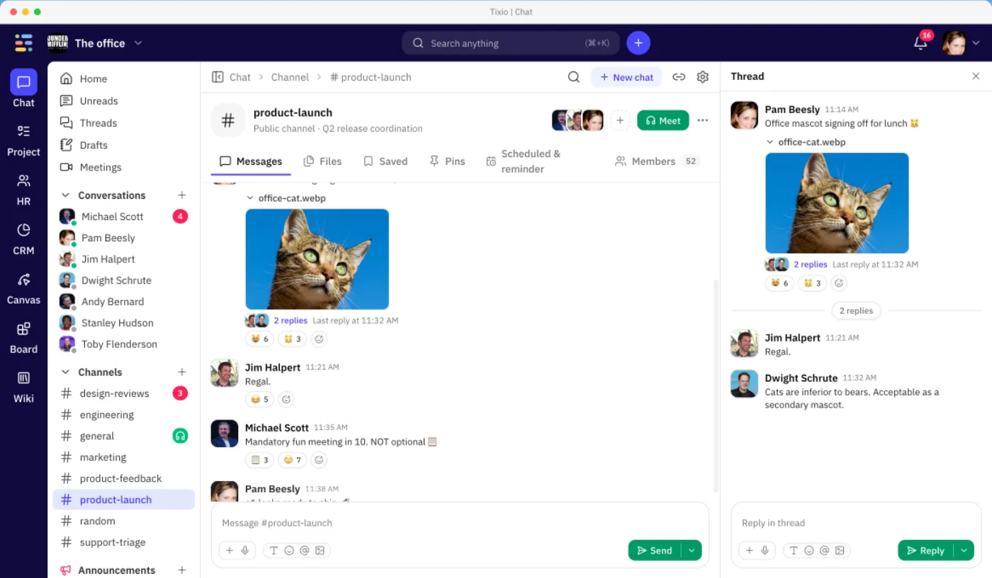 Tixio chat workspace with channels, a message thread and a team sidebar