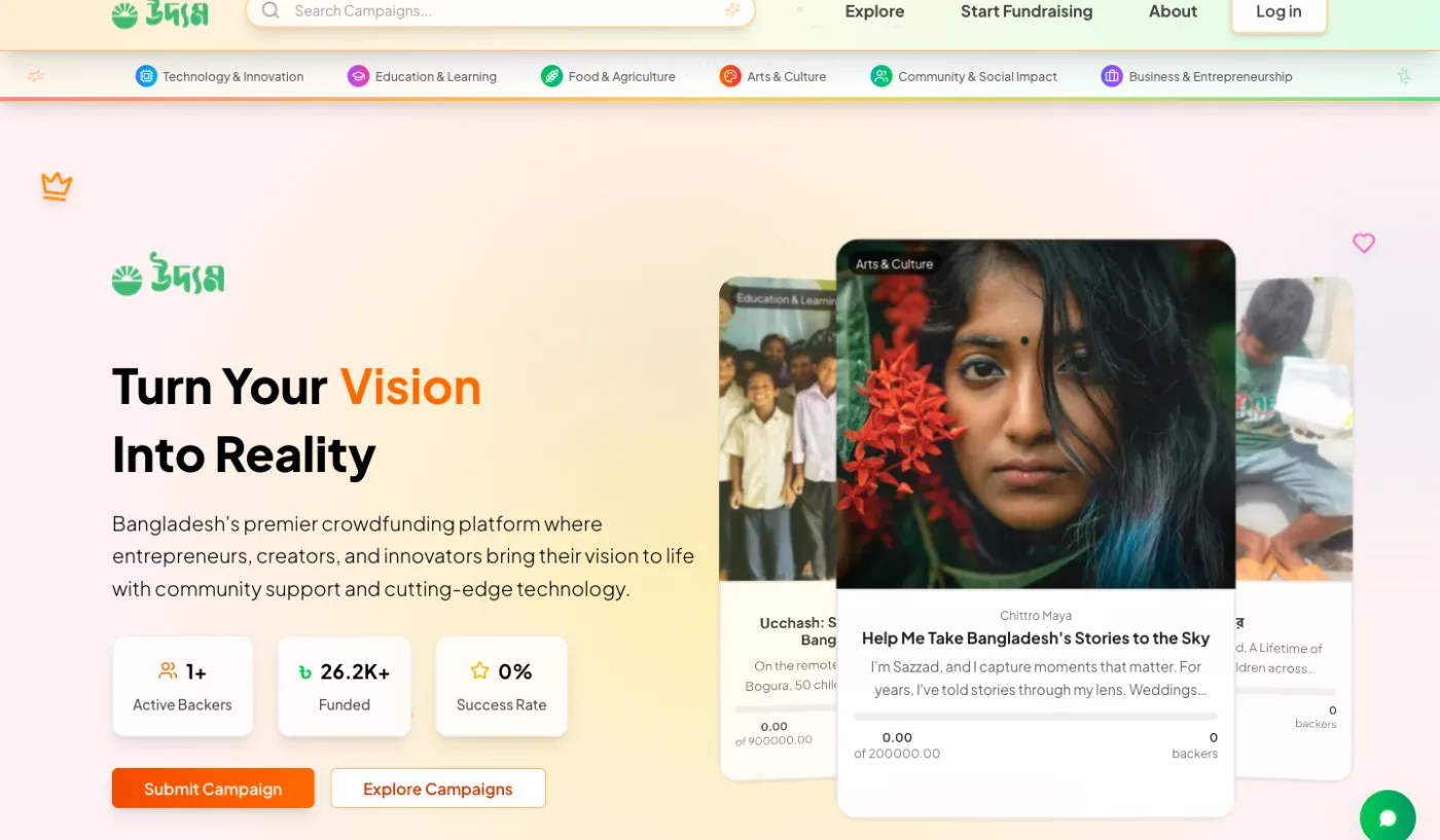 Uddom homepage with live crowdfunding campaign cards